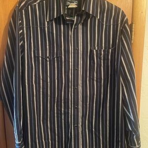 Wrangler Men Blue Authentic Western Stripes Pearl Snap Button Up Shirt Sz LARGE